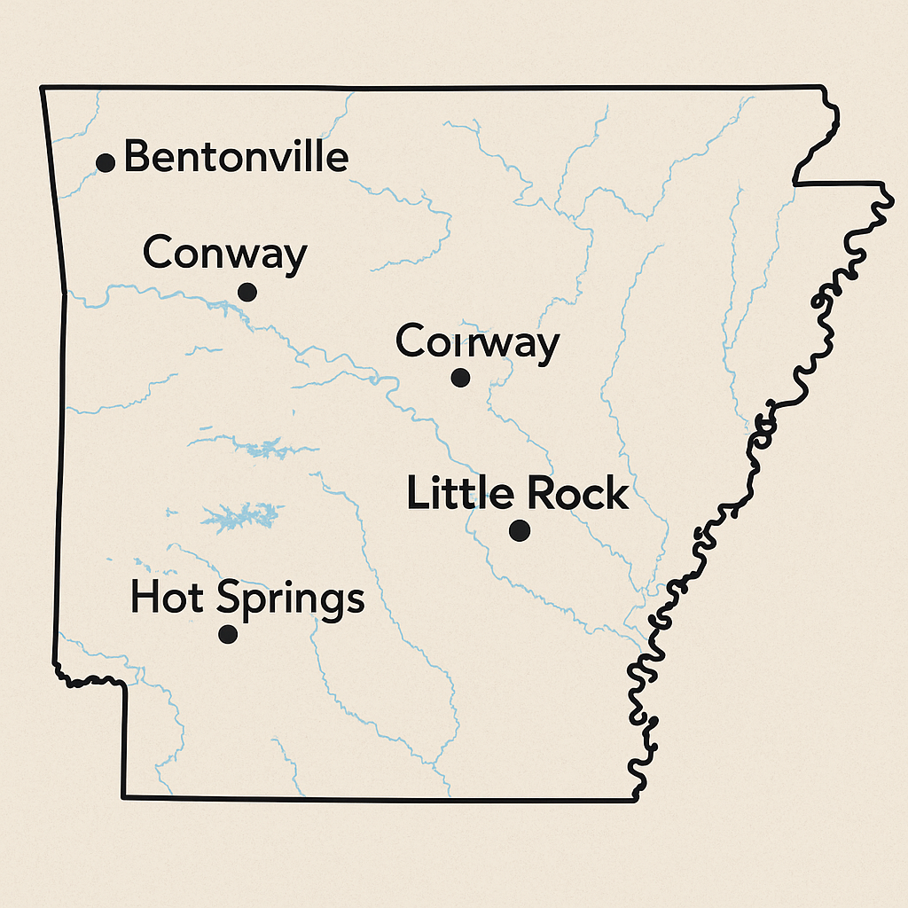 Map of Arkansas showing cities and areas where Kade Homes buys houses